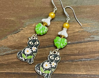 Black Cat in a Daisy Garden Floral Dangle Earrings with Czech Glass Leaves and Flowers, Hypoallergenic Ear Wires