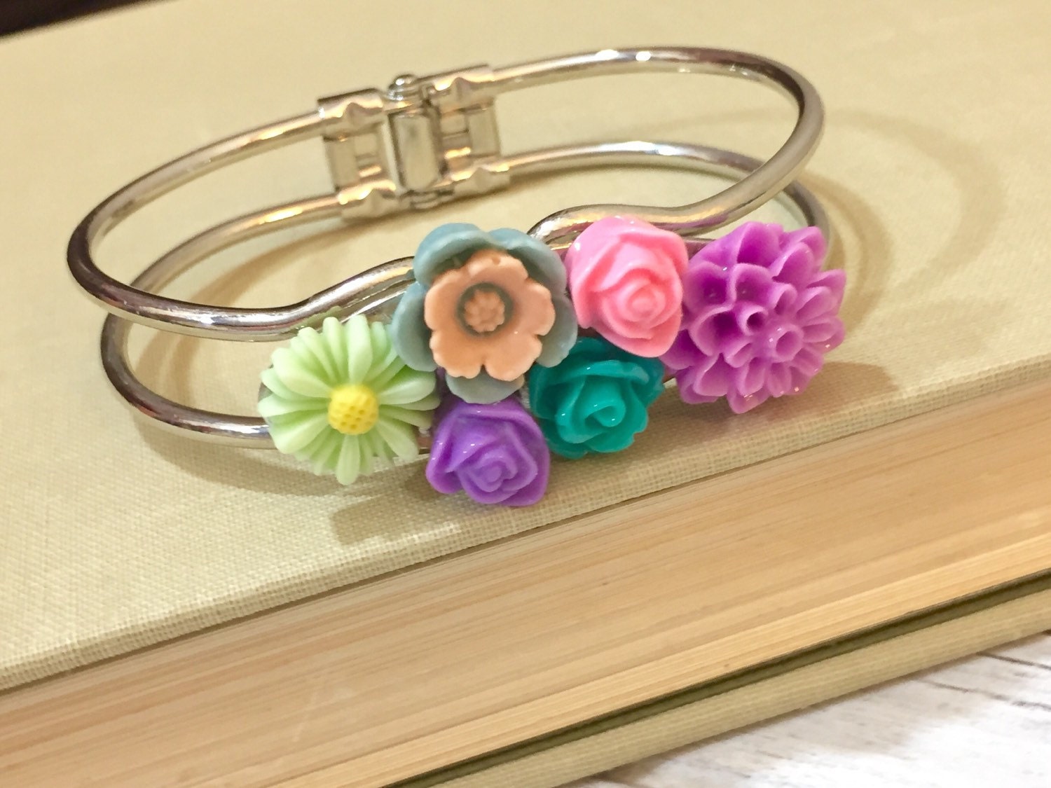 Floral Assemblage Cuff Bracelet, Pastel Flowers Cuff Bracelet, Woodland