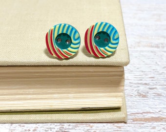 Retro Mod Red Yellow Teal Carved Swirls Button Stud Earrings with Surgical Steel Posts (SE14)