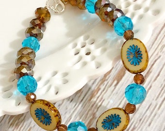 Brown and Sky Blue Flower Czech Glass Beaded Bracelet with Lobster Clasp Closure