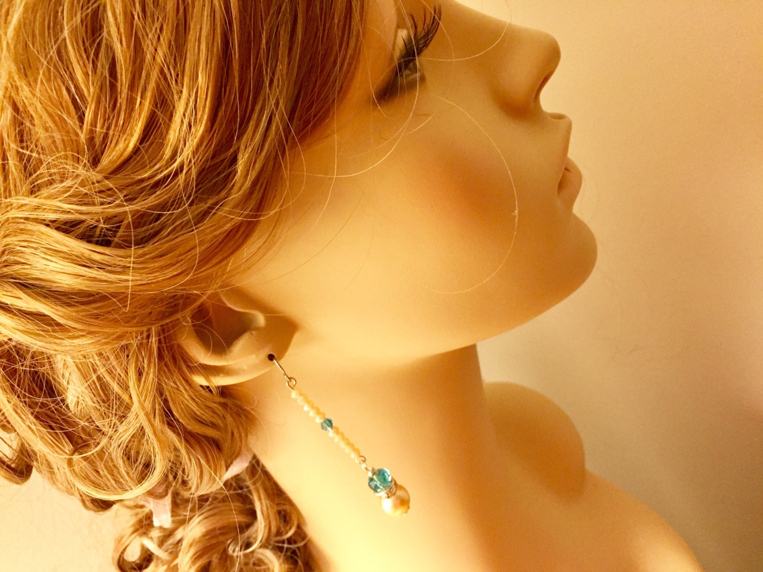 Long Dangle Earrings, Unique Pearl Earrings, Aqua Glass Earrings, Sparkling Rhinestone Earrings