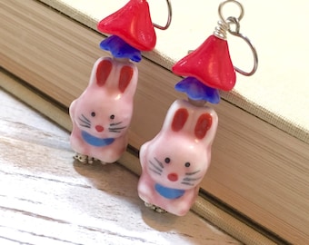 Pink Rabbit Earrings, Porcelain Rabbit Earrings, Czech Glass Flower Earrings, Spring Earrings, Easter Bunny Earrings, (DE1) SALE