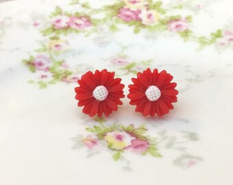 Red Gerbera Daisy Flower Stud Earrings with White Center and Surgical Steel Posts KreatedByKelly