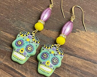 Day of the Dead Sugar Skull Long Beaded Dangle Halloween Earrings in Green Yellow Lavender with Surgical Steel Ear Wires