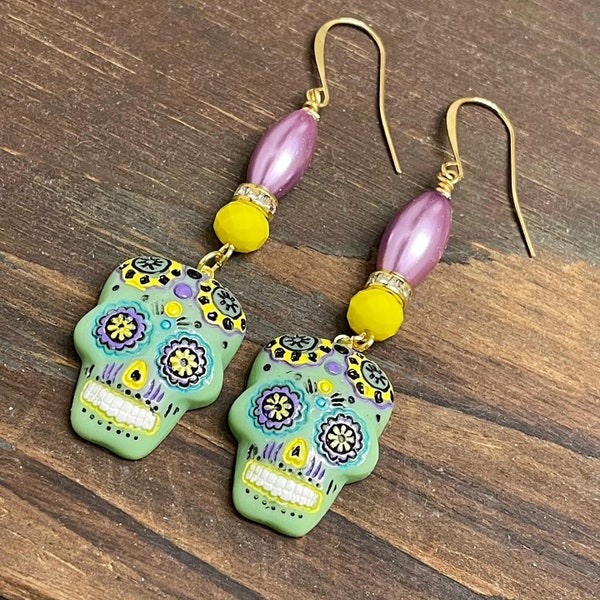 Day of the Dead Sugar Skull Long Beaded Dangle Halloween Earrings in Green Yellow Lavender with Surgical Steel Ear Wires