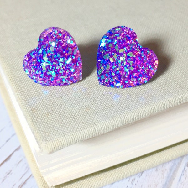 Purple Heart Earrings, Valentine's Earrings, Faux Purple Druzy Heart Studs, Sparkly Earrings, Flower Girl Earrings, KreatedByKelly