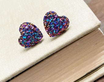 Mystic Purple Heart Earrings, Valentine's Earrings, Faux Druzy Heart Earrings, Sparkly Earrings, Flower Girl Earrings (SE25)