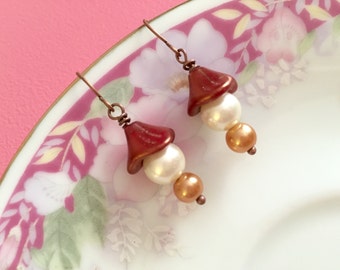 Short Beaded Czech Glass Flower and Pearl Simple Drop Dangle Earrings in Coppery Metallic Brown, Off White and Golden Tan