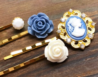 Floral, Cameo and Rhinestone Bobby Pin Set in Dusty Blue and White