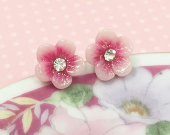 Pink Flower Earrings, Pink Daisy Studs, Rhinestone Flower Earring, Hypoallergenic Studs, Pink Glitter Stud, Rhinestone Daisy (LB3)
