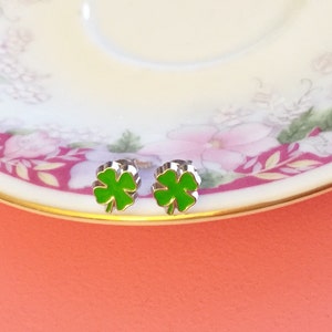 St Patrick's Day Earrings, Green Shamrock Earrings, Green Clover Earrings, Irish Green Leaf Earrings, Enameled Metal Earrings SE17 image 4