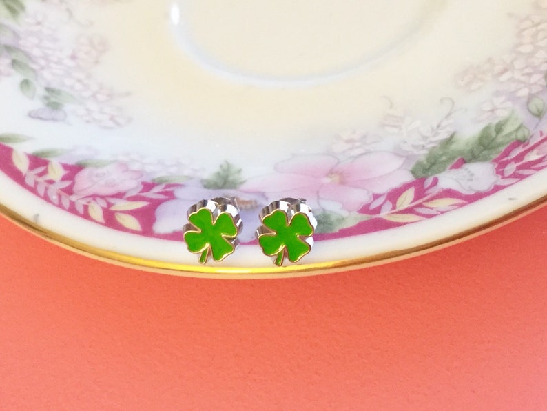 St Patrick's Day Earrings, Green Shamrock Earrings, Green Clover Earrings, Irish Green Leaf Earrings, Enameled Metal Earrings SE17 image 4