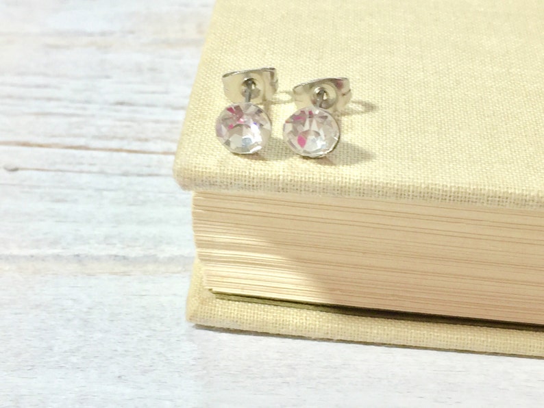 Rhinestone Stud Earrings, Small Clear Rhinestone Studs, April Birthstone Studs, Clear Glass Stud Earrings, Surgical Steel Studs HJ4 image 1