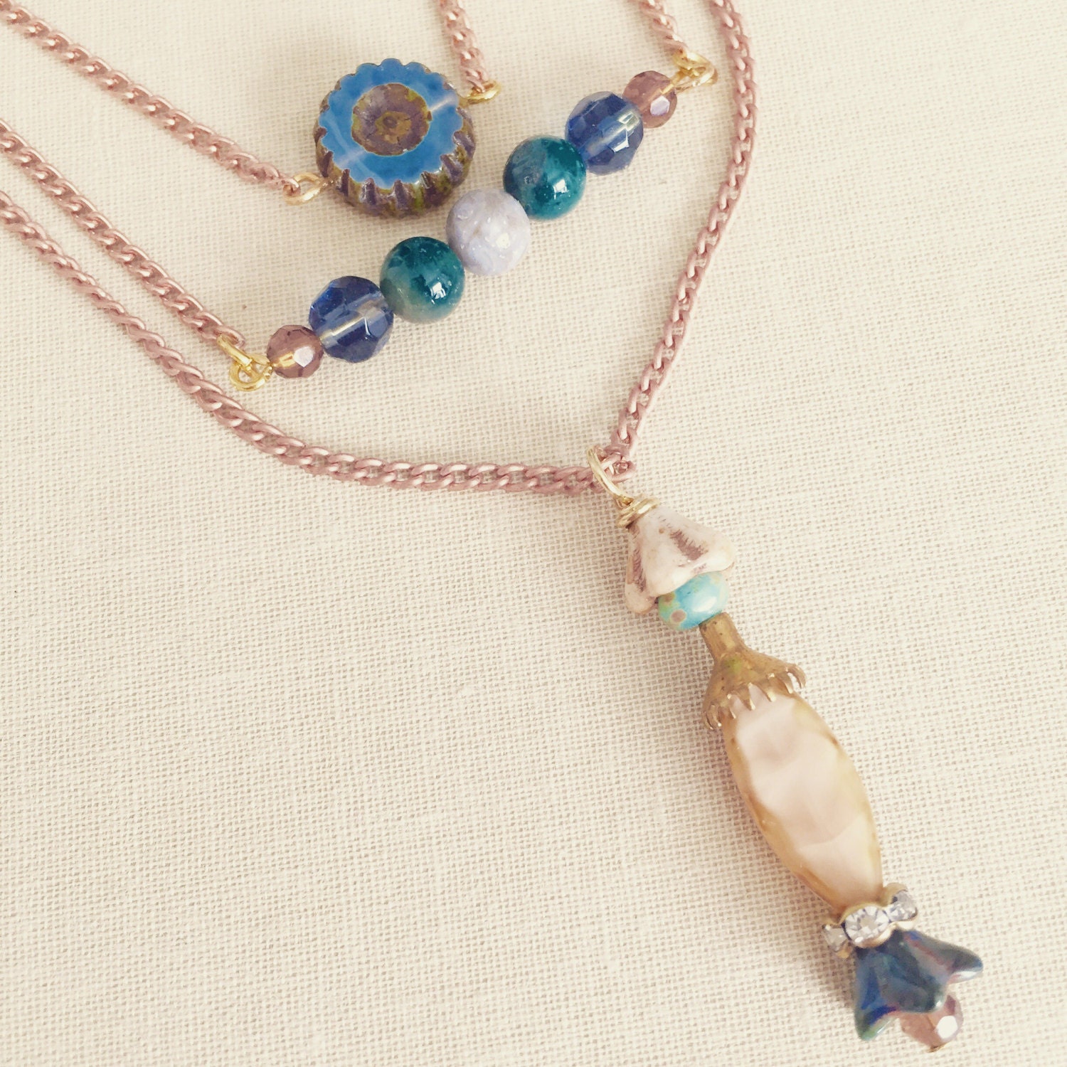 Bohemian Charm Necklace, Czech Glass Flower Necklace, Earthy Tones Flower Necklace, Beaded Glass