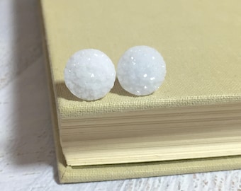 White Druzy Studs, Druzy Stud Earrings, White Stud Earrings, Glitter Stud Earrings, Winter White Earrings (SE11)