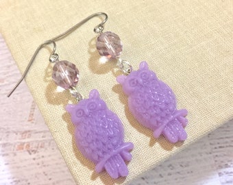 Lavender Purple Owl Novelty Dangle Earrings with Glass Bead and Surgical Steel Ear Wires