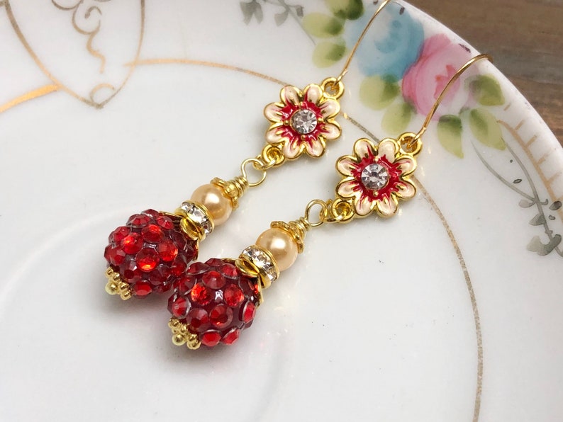 Enameled Metal Red Rhinestone Flower Earrings with Sparkly Ball Bead Rhinestone Gold Toned Findings and Pearl Dangle