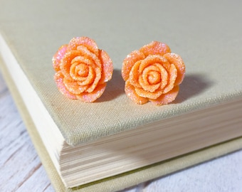 Sparkling Orange Flower Stud, Orange Rose Stud, Glitter Druzy Flower Stud, Surgical Steel Stud, Flower Stud Earrings