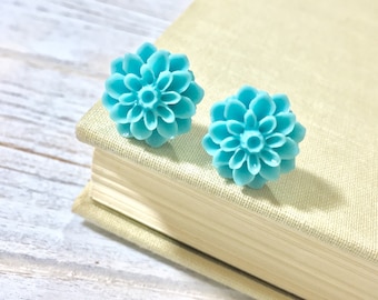 Light Teal Chrysanthemum Flower Earrings, Bridesmaid Gift Earrings, Flower Post Earrings, Surgical Steel Posts, KreatedByKelly