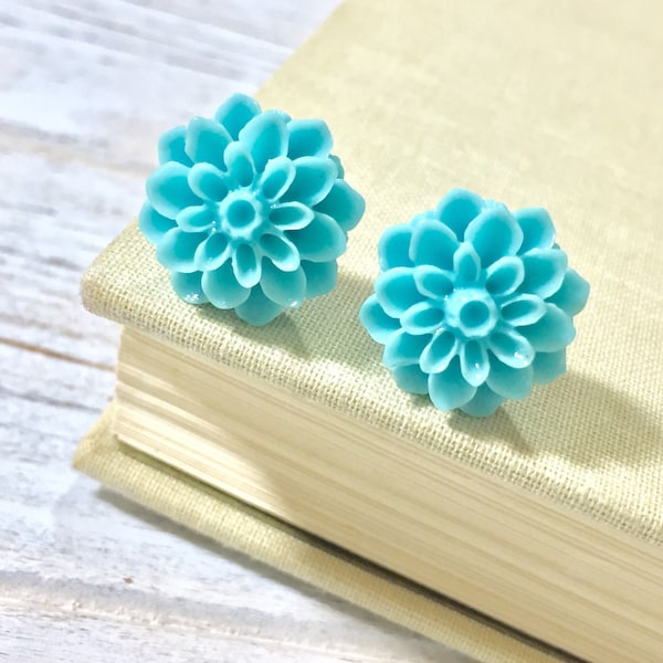 Light Teal Chrysanthemum Flower Earrings, Bridesmaid Gift Earrings, Flower Post Earrings, Surgical Steel Posts, KreatedByKelly