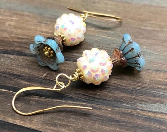 Czech Glass Flower Earrings in In Blue, Brown and Sparkling Off White with Gold Toned Findings, Pretty Floral Earrings