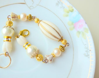 Wedding Bracelet, Statement Bracelet, Assemblage Jewelry, Vintage Flower Bracelet, Ivory Bracelet with Gold, Handmade by KreatedByKelly