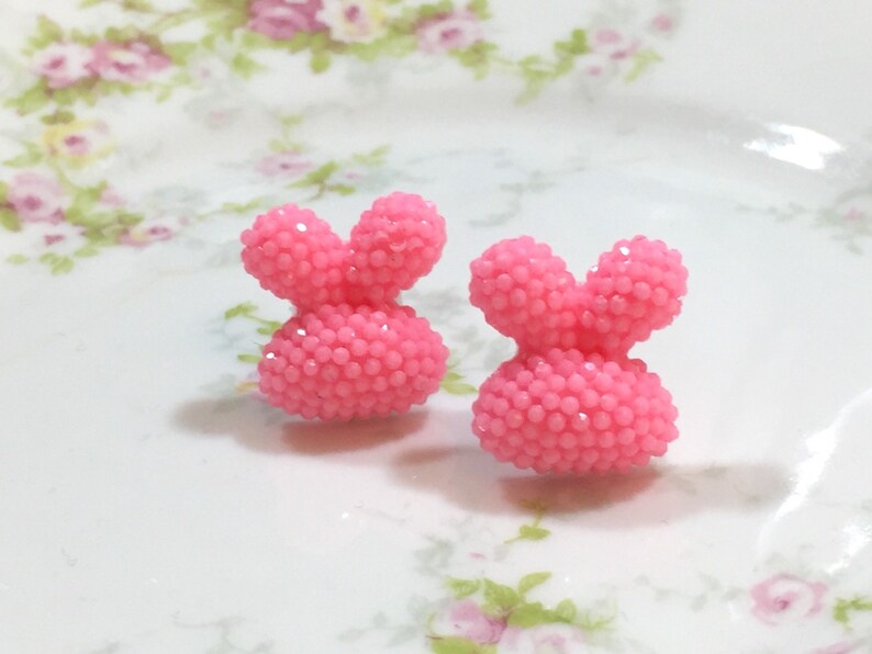 Puffy Rabbit Stud Earrings SE1 Kawaii Easter Studs Sparkling Bunny Earring Chubby Bunny Studs Pink Bunny Stud Earrings