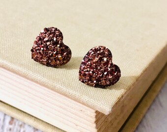 Small Metallic Chocolate Brown Faux Druzy Small Resin Heart Stud Earrings for Valentines, Surgical Steel (SE22)