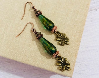 St. Patrick's Day Earrings, Lucky Four Leaf Clover Green Czech Glass with Copper and Mixed Metal Accents Dangle Earrings