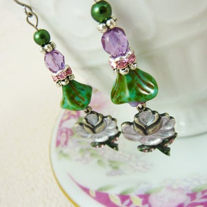 Purple Flower Earrings, Flower Dangle Earrings, Rhinestone Flower Earrings, Czech Glass, Vintage Style Earrings, Handmade By KreatedByKelly image 4