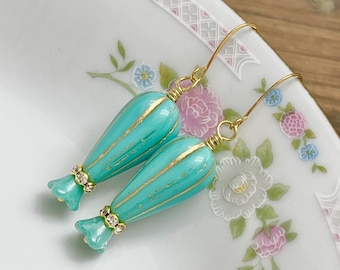 Czech Glass Flower Beaded Earrings in Sea Green with Gold and Rhinestone Accents