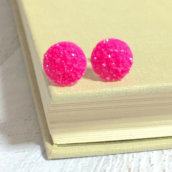 Small Bright Pink Druzy Studs, Bright Pink Stud Earrings, Bumpy Pink Stud Earring, Pink Glitter Stud Earrings (SE9)