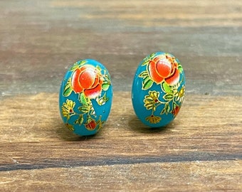 Vintage Style Floral Limoges in Orange and Gold on Teal Background, Stainless Steel Ear Studs (SE16)