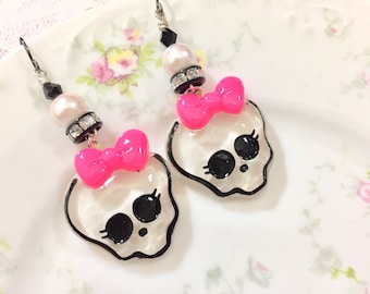 Cute Halloween Skull with Pink Bow Long Beaded Dangle Rhinestone Earrings with Surgical Steel Ear Wires (DE1)