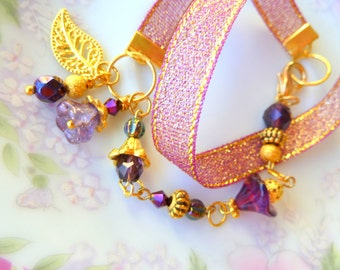 Beaded Wrap Bracelet, Woodland Charm Cluster, Purple Flower Bracelet, Gold Leaf Bracelet, Statement OOAK Bracelet Handmade by KreatedByKelly