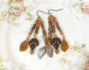 Long Leaf Earrings, Czech Glass Leaf Earrings, Brown Fall Leaf Earrings, Woodland Earrings, Autumn Jewelry, Bohemian Earrings