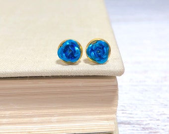 Tiny Little Blue Metal Rose Flower Dainty Stud Earrings in Setting Like a Potted Plant