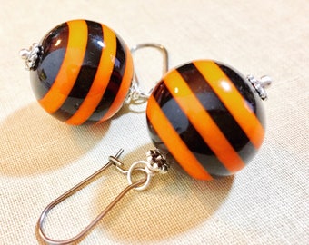 Big Chunky Bubblegum Ball Bead Dangle Earrings with Orange and Black Stripes for Halloween, Surgical Steel