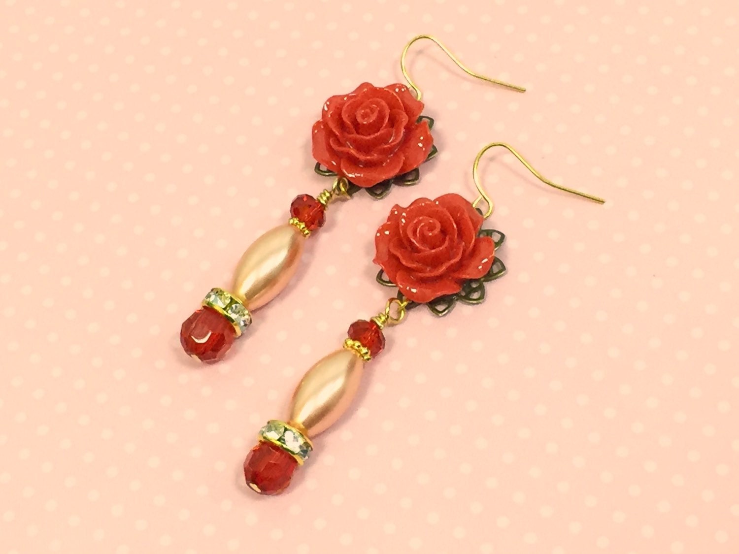 Red Flower Earrings, Wedding Flower Earrings, Statement Earrings, Pearl