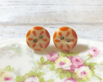 Vintage China Button Earrings, Orange Button Studs, Button Stud Earring, Orange Dashes on Ivory, Orange Flower Stud, Small Button Stud (LB1)