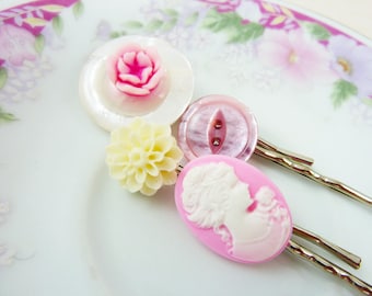 Cameo Hair Accessories, Pink Hair Pins, Pink Flower Hair Pins, Pretty Bobby Pin Set, Vintage Button Bobby Pin, Handmade By KreatedByKelly