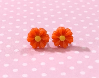 Little Orange Gerbera Daisy Stud Earrings with Surgical Steel Posts, Small Carved Spring Easter Daisies for Flower Girls and Weddings (SE18)