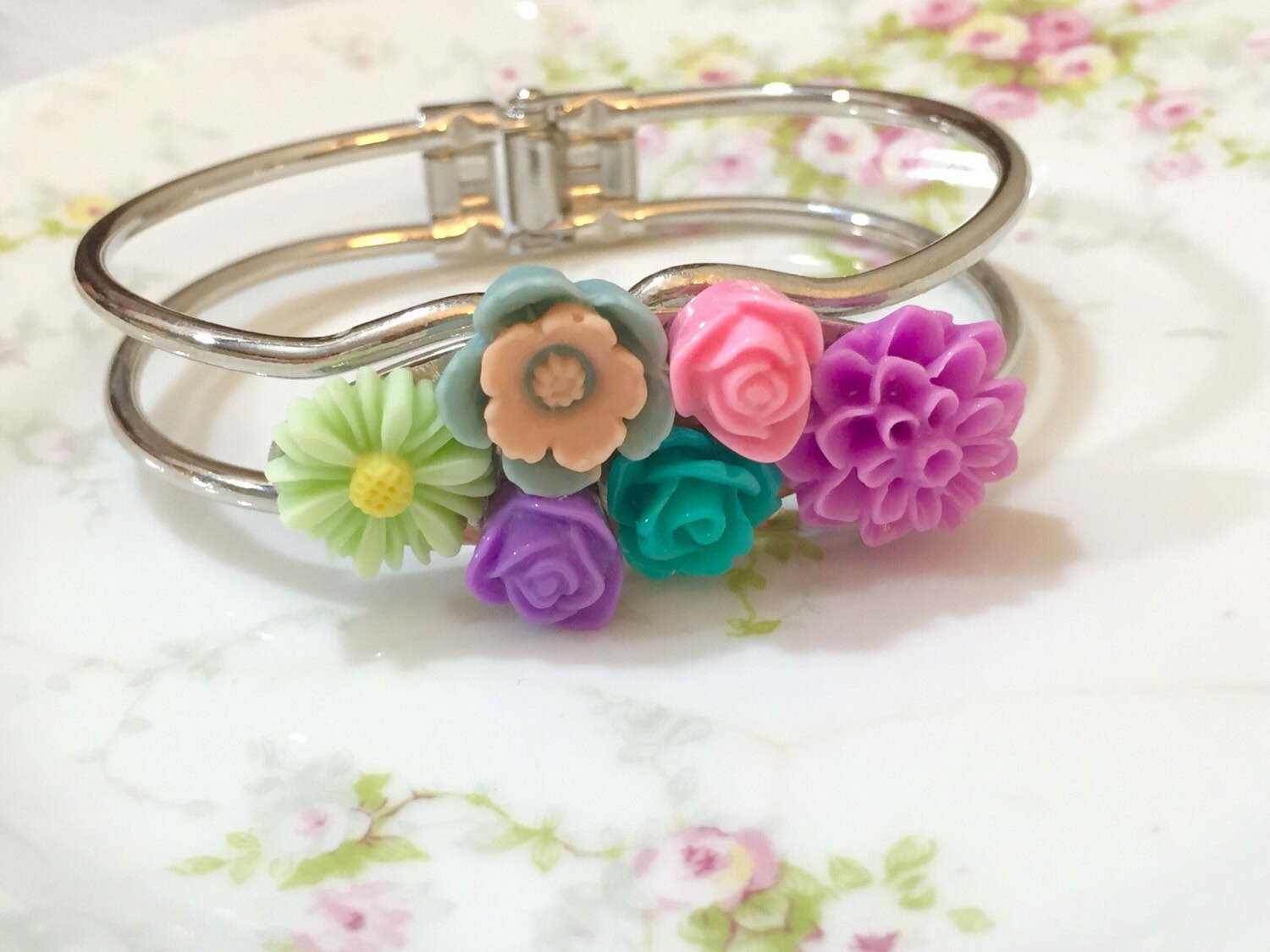 Floral Assemblage Cuff Bracelet, Pastel Flowers Cuff Bracelet, Woodland
