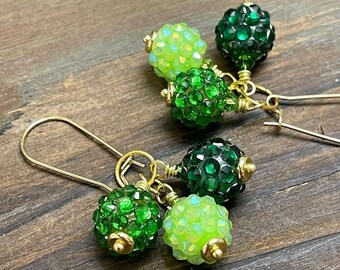 Sparkling Resin Rhinestone Cluster Dangle Earrings in Shades of Green for St. Patrick's Day, Surgical Steel Kidney Ear Wires (DE5)