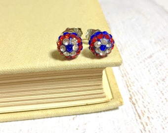 Rhinestone Ball Studs, Fourth of July Stud Earrings, Independence Day Earrings, Red White and Blue, Patriotic Earrings (HJ4)