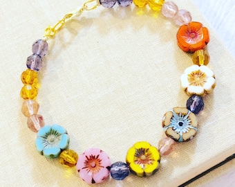 Colorful Czech Glass Spring Flower Beaded Bracelet with Lobster Clasp