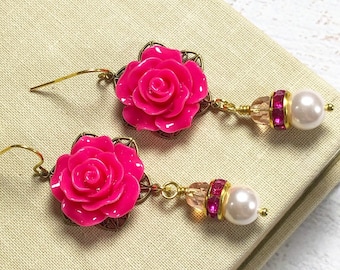 Bright Pink Carved Flower on Filigree Earrings with Pearls and Rhinestone Dangle, Stainless Steel Ear Wires (DE4)