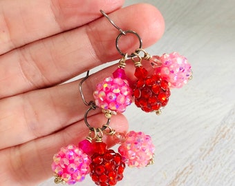Sparkling Resin Rhinestone Cluster Dangle Earrings in Pink and Red for Valentines Day, Surgical Steel Ear Wires