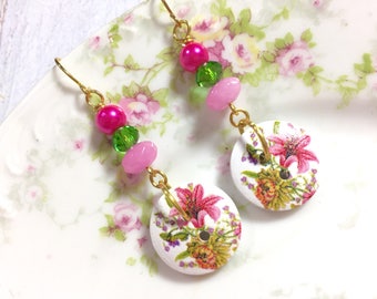 Button Earrings, Painted Flower Button Earrings, Pink Flower Earrings, Button Jewelry, Wood Button Beaded Earrings, Surgical Steel (DE1)