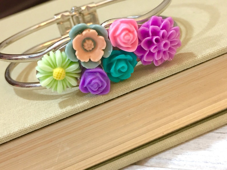 Nature Bracelet Floral Assemblage Cuff Bracelet Pink Purple Mint Green KreatedbyKelly Pastel Flowers Cuff Bracelet Woodland Bracelet
